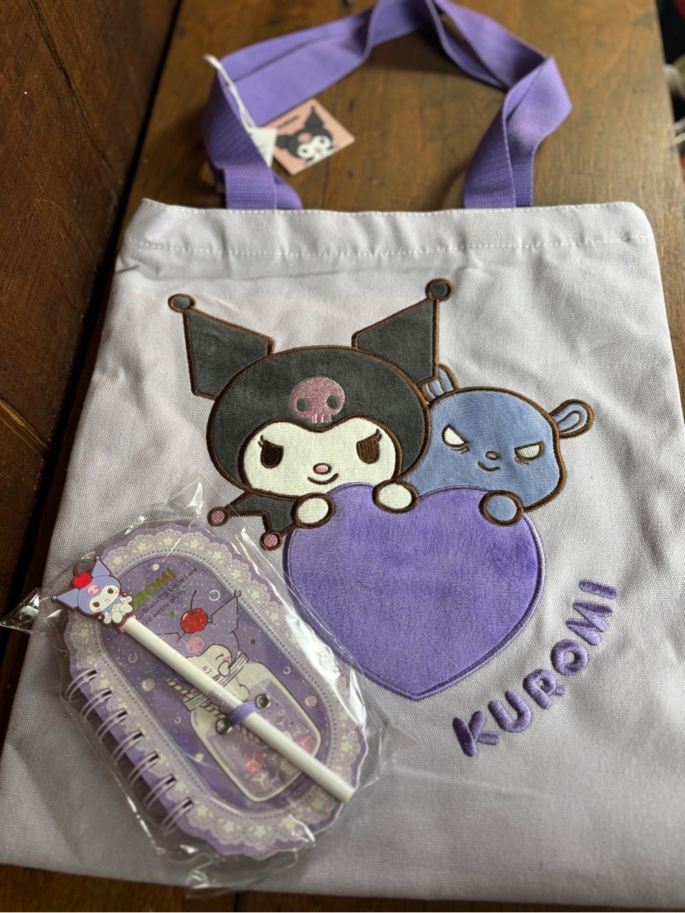 Miniso Hello Kitty Kuromi Kids Purple Heart Tote Bag with Matching Notebook